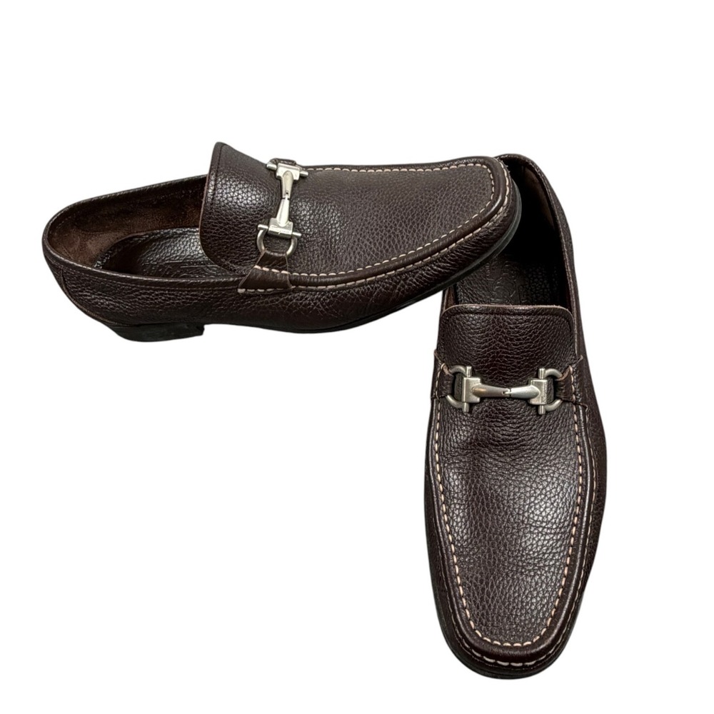Salvatore Ferragamo Gancini Mens Loafers Bit Pebble Grain Leather Brown  9.5D